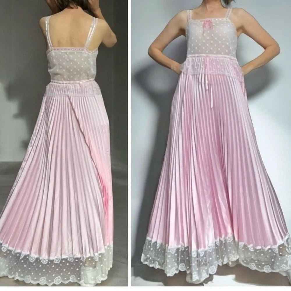 Vintage 70s Pink Satin Lace Peignoir Set Slip Dress & Robe Romantic Edwardian - Picture 7 of 16